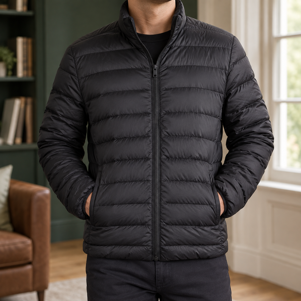 Men's black quilted puffer jacket with stand collar