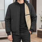 Men's black stand collar jacket with plush lining