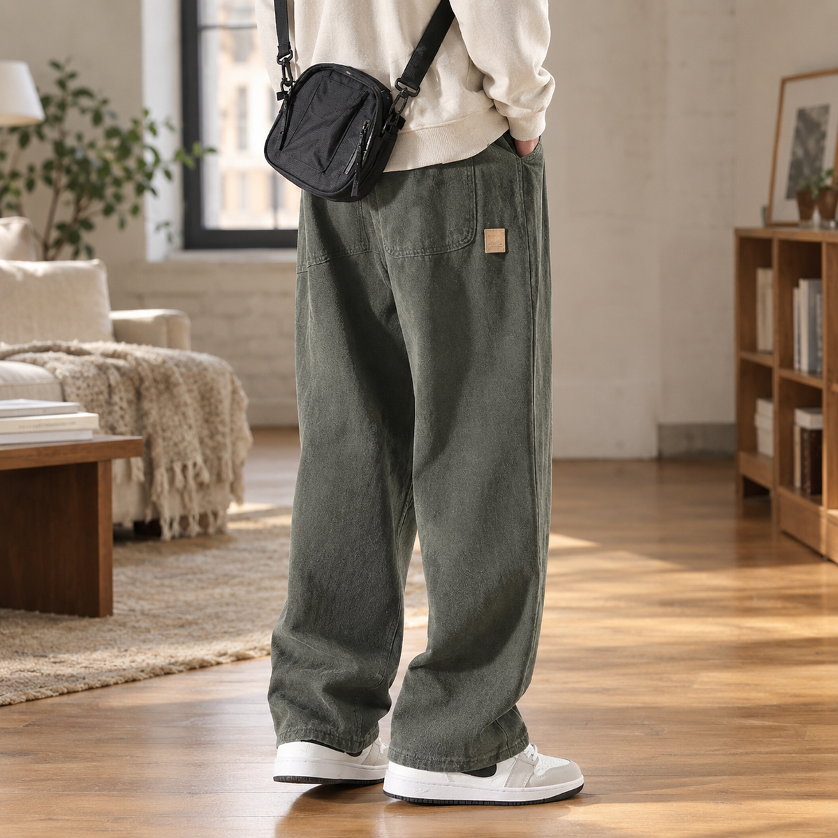 Khaki wide leg trousers for men