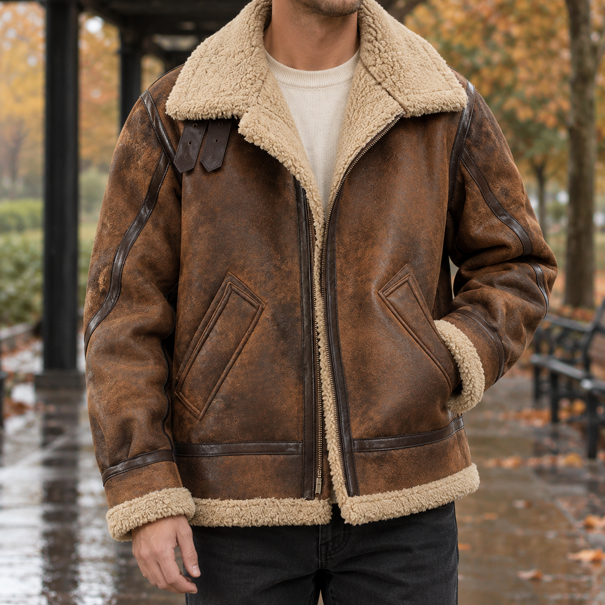 Men's brown suede look aviator jacket with contrast lining
