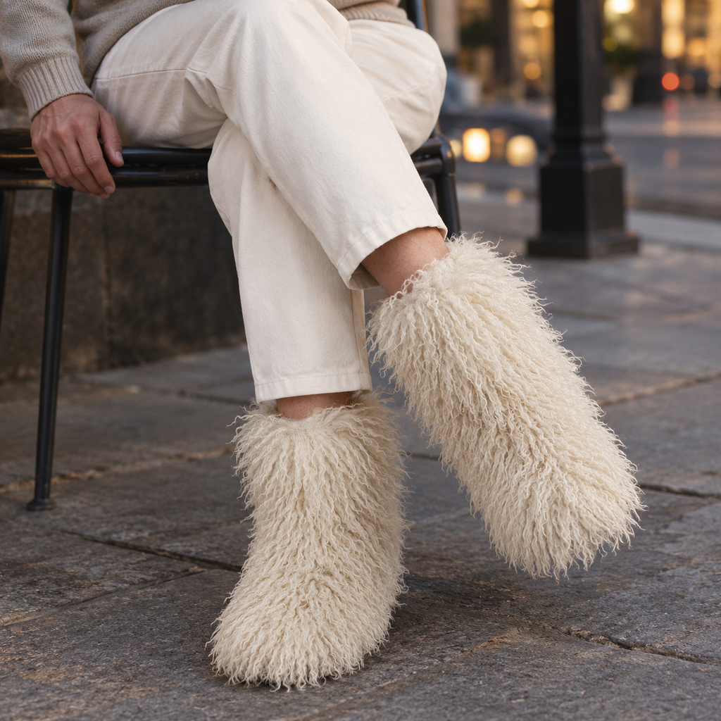 Men's off white plush slip-on winter boots
