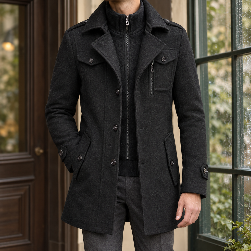 Man wearing a black wool-blend overcoat