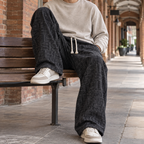 Men's wide leg cotton trousers in black with drawstring waist