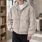 Men's khaki sherpa hooded jacket with plush lining
