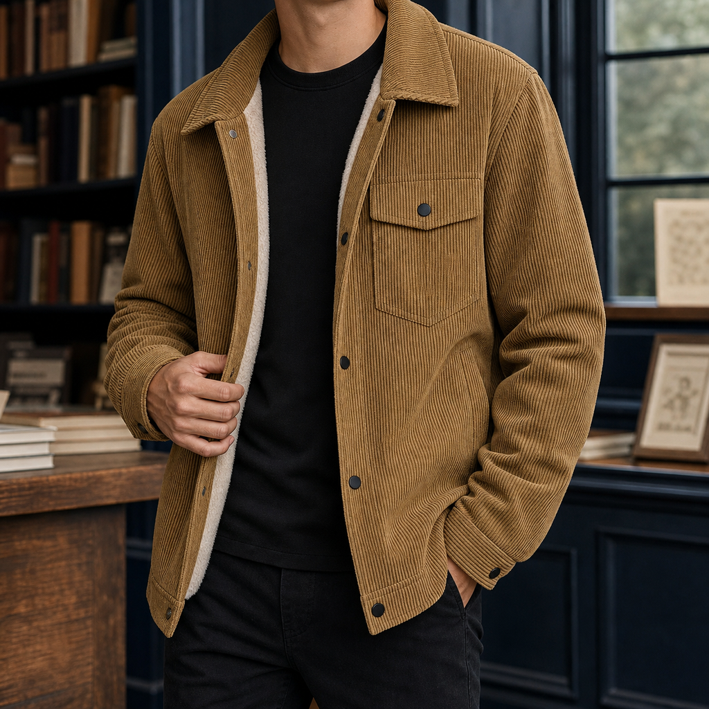 Men's brown corduroy jacket with snap-front closure