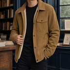 Men's brown corduroy jacket with snap-front closure