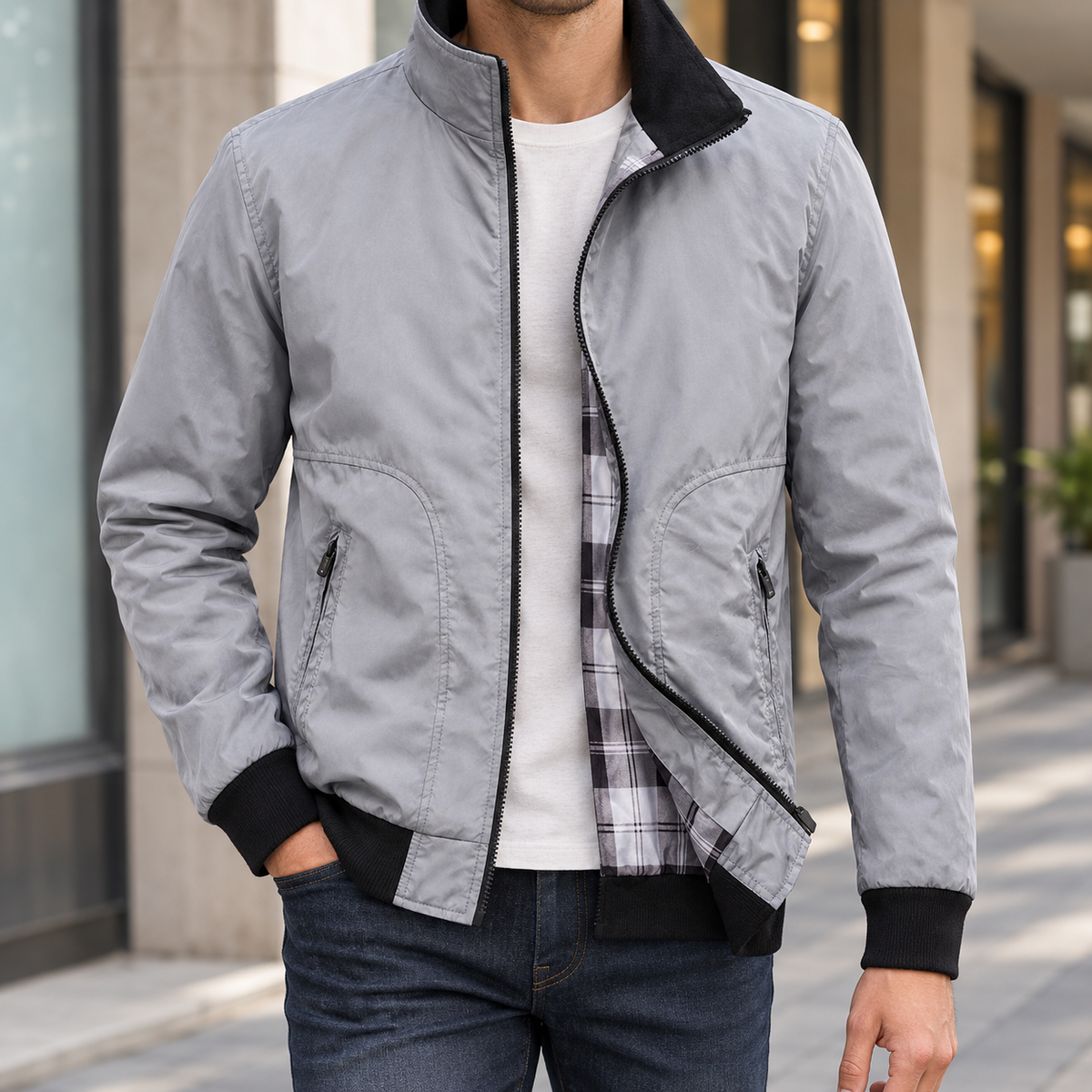 Men's grey zip jacket with stand collar and plaid lining