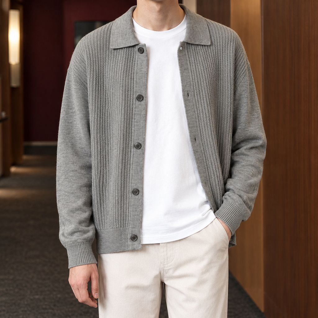 Man wearing a cream textured knit button-front cardigan