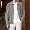 Man wearing a cream textured knit button-front cardigan