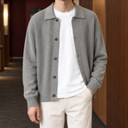 Man wearing a cream textured knit button-front cardigan
