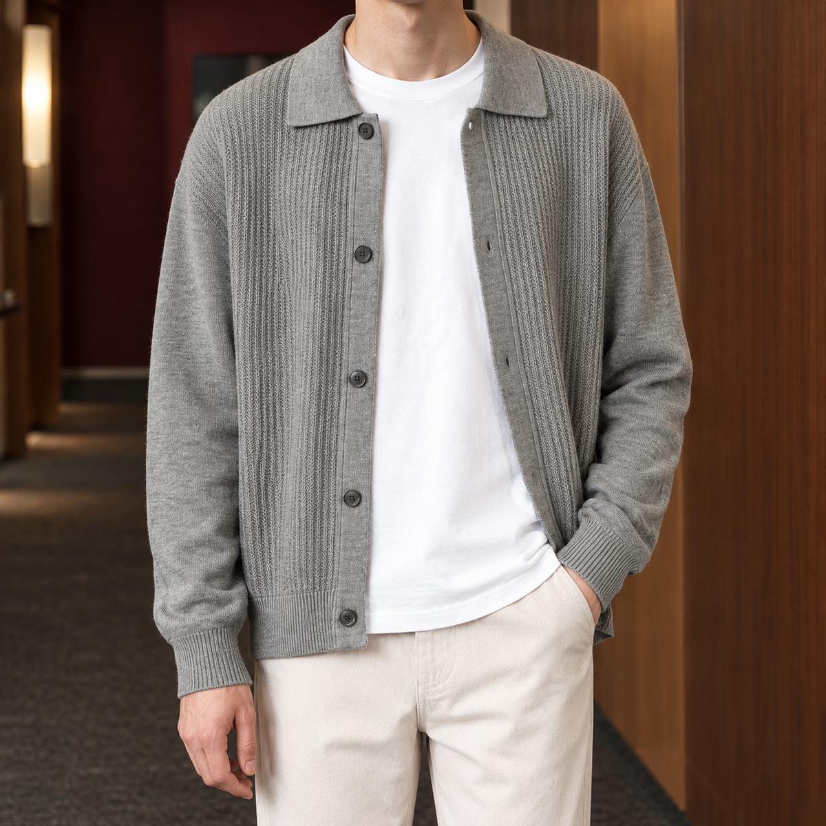 Man wearing a cream textured knit button-front cardigan