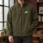 Men's green fleece jacket with stand collar and full zip
