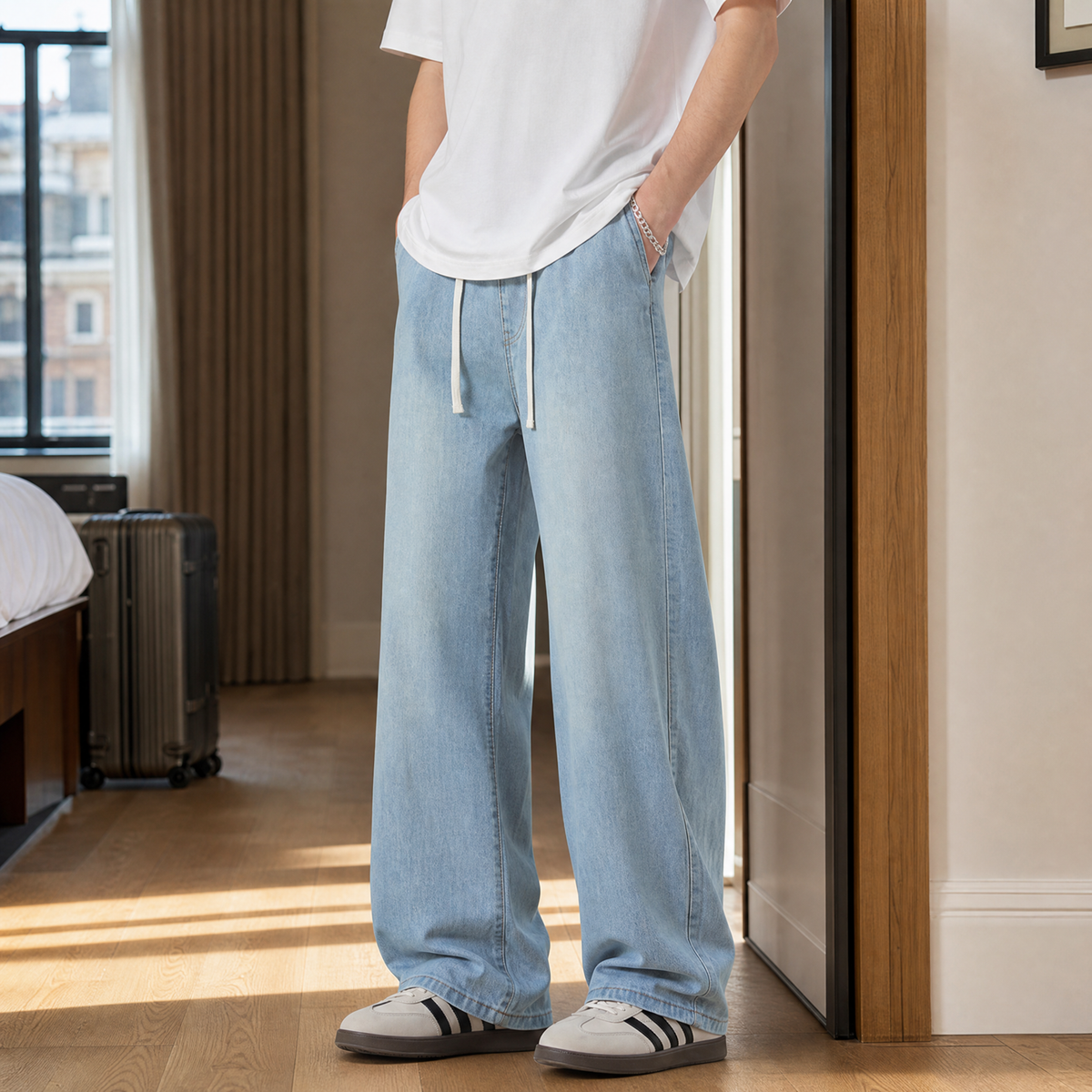 Men's wide leg denim jeans in light blue with drawstring waist
