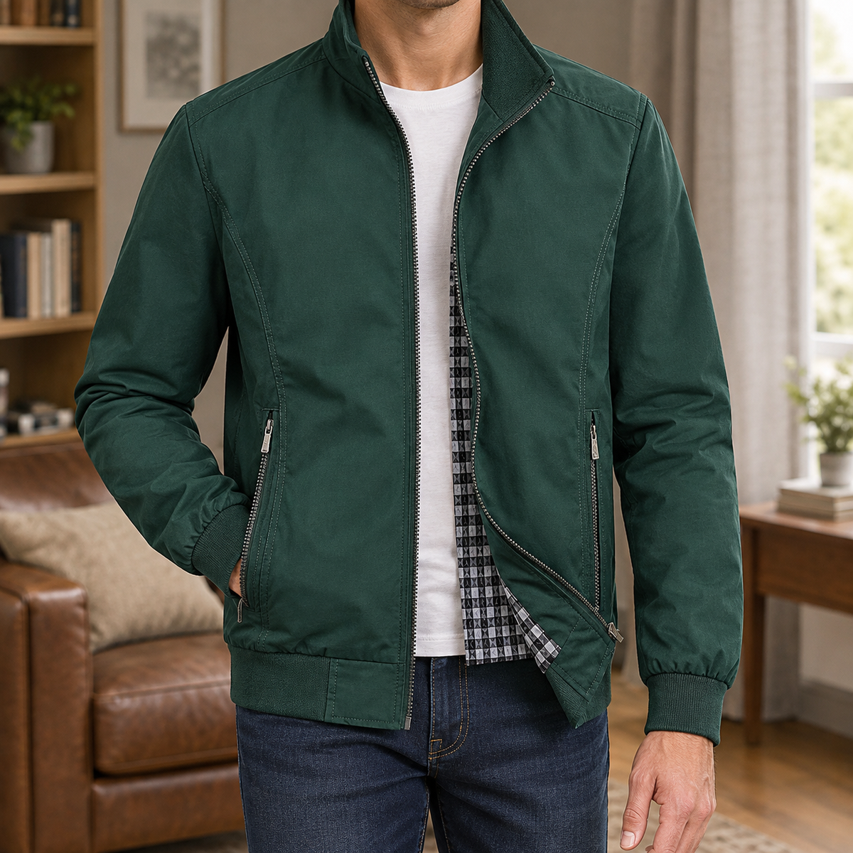 Men's green stand collar zip jacket with ribbed cuffs