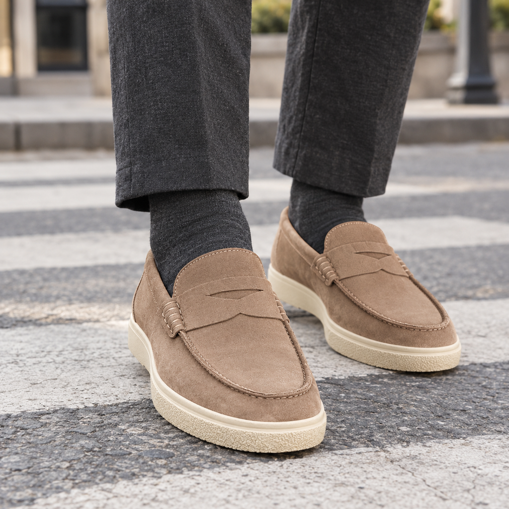 Men's brown suede loafers with rounded toe