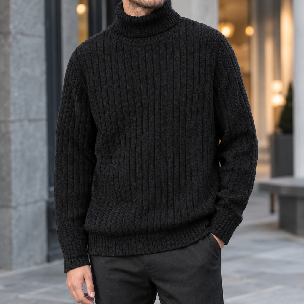 Man wearing a black ribbed roll neck jumper