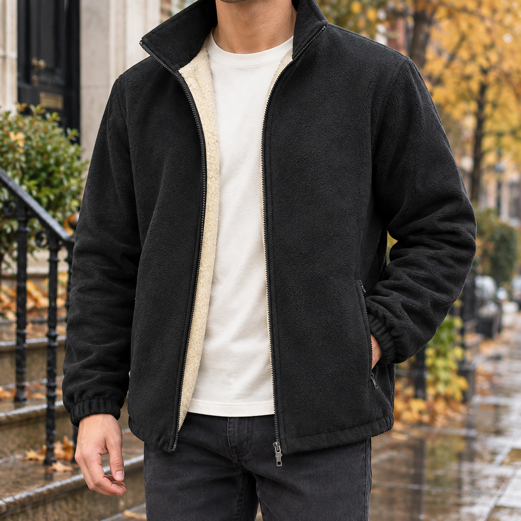 Men's dark grey cashmere fleece jacket with stand collar