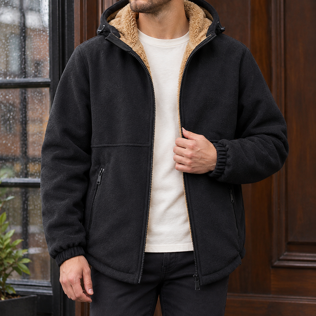 Men's black hooded jacket with plush lining