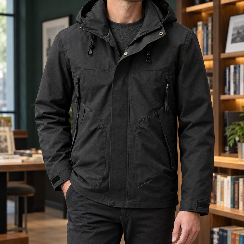 Black men's waterproof jacket with hood and covered zip