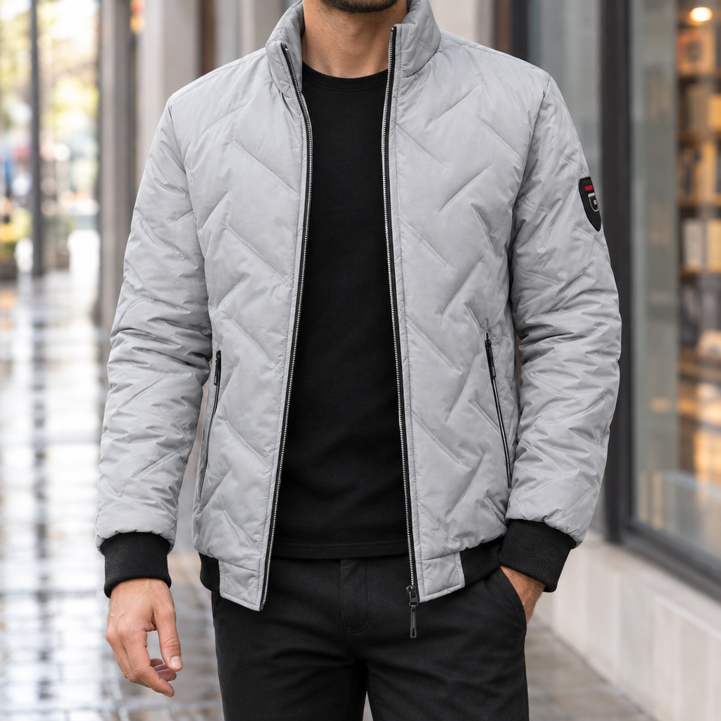 Light grey men's quilted jacket with ribbed cuffs