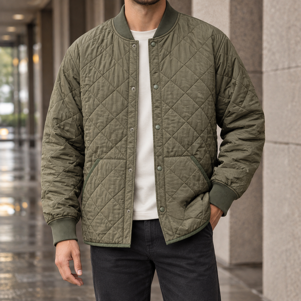 Men's military green quilted jacket with ribbed trims