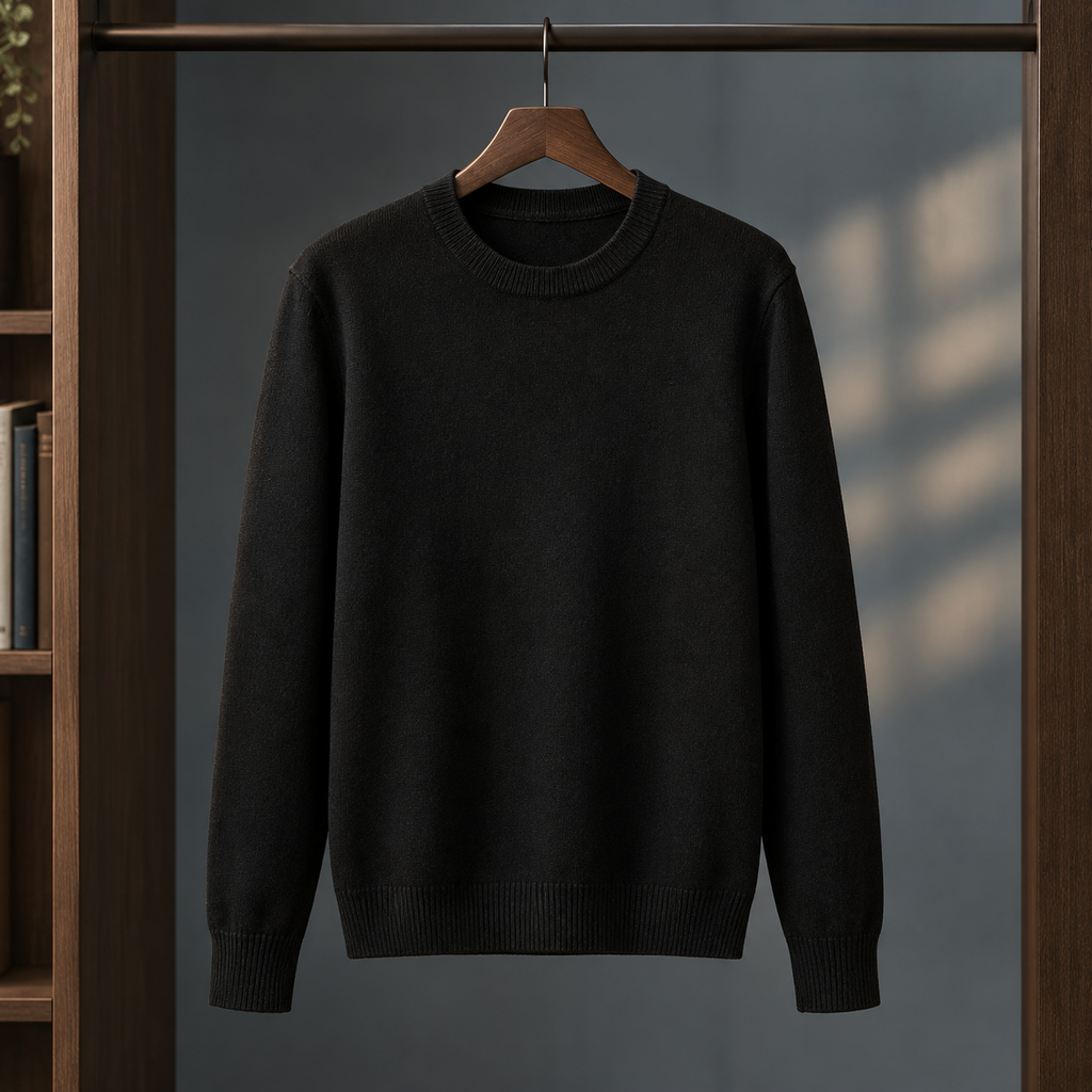 Man wearing a black crew neck jumper