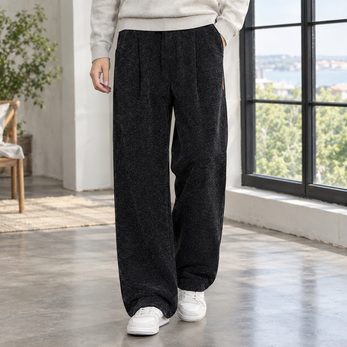 Men's ribbed wide leg trousers in black with pleated front