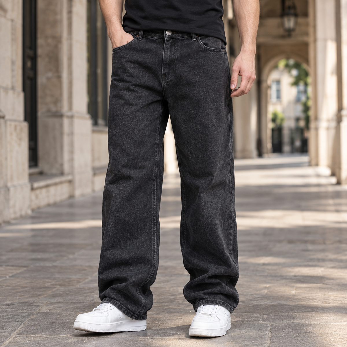 Men's black wide leg mid rise jeans