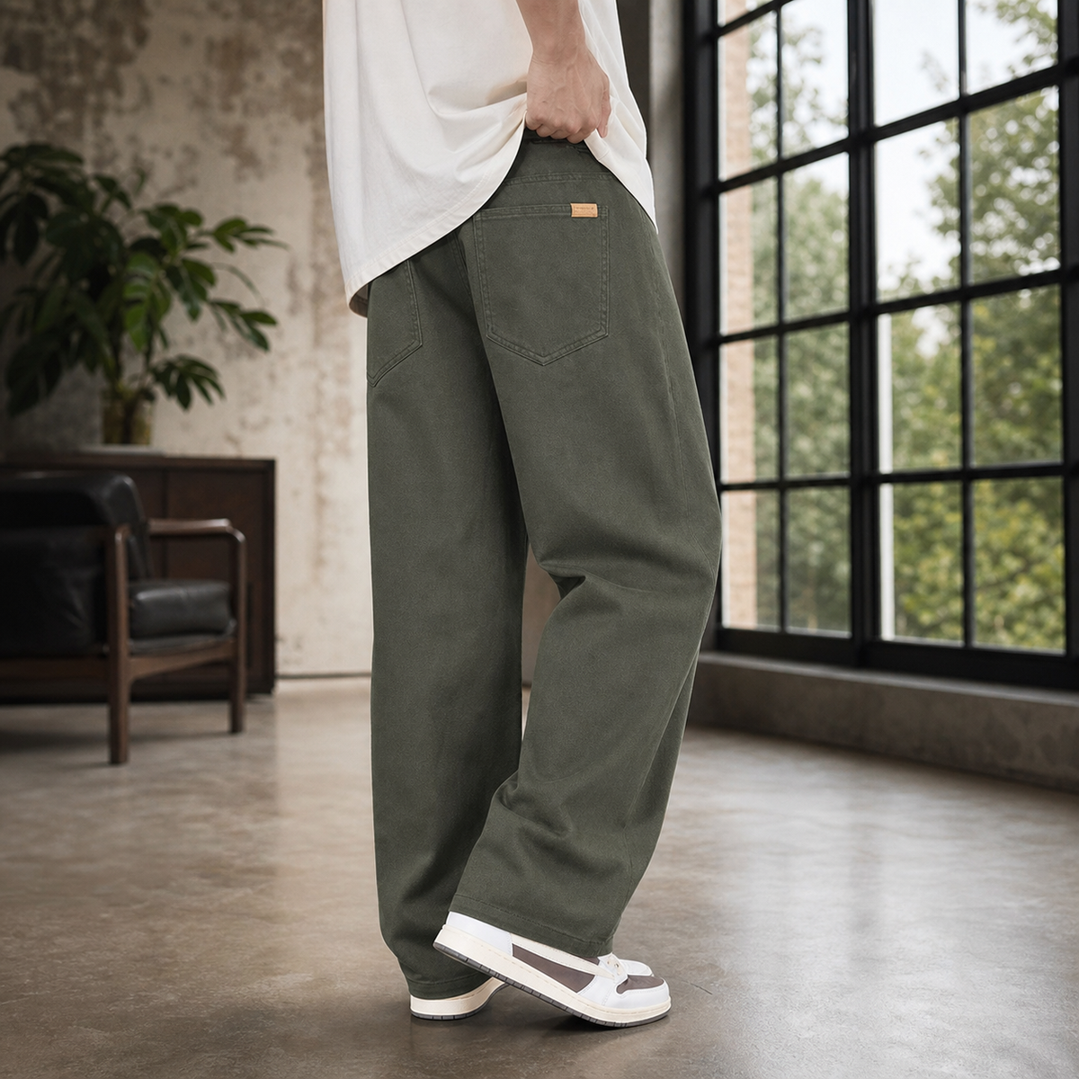 Men's wide leg cotton trousers in military green with patch pockets