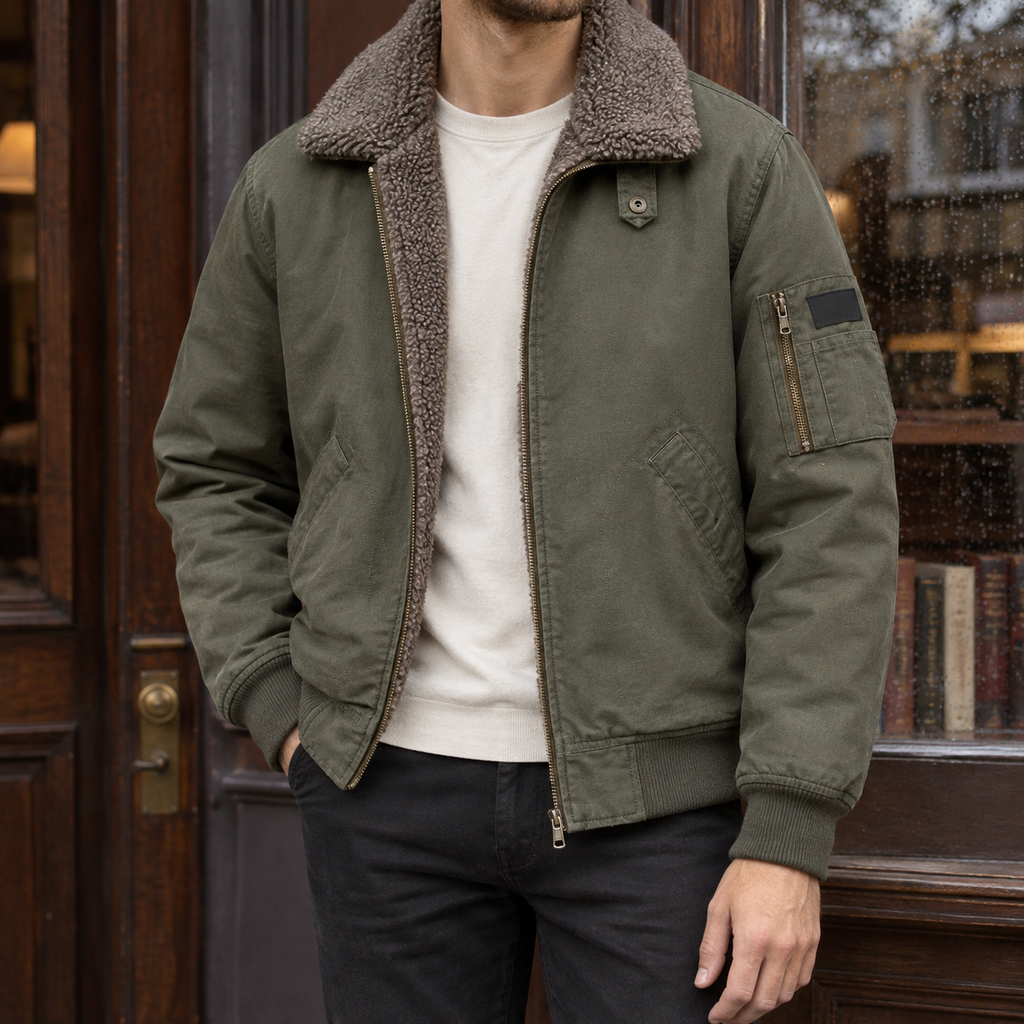 Men's black pilot jacket with plush fleece lining