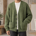 Men's green ribbed knit cardigan with button front
