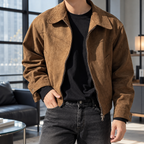 Men's brown short zip jacket with wide collar