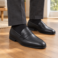 Men's black leather look penny loafers