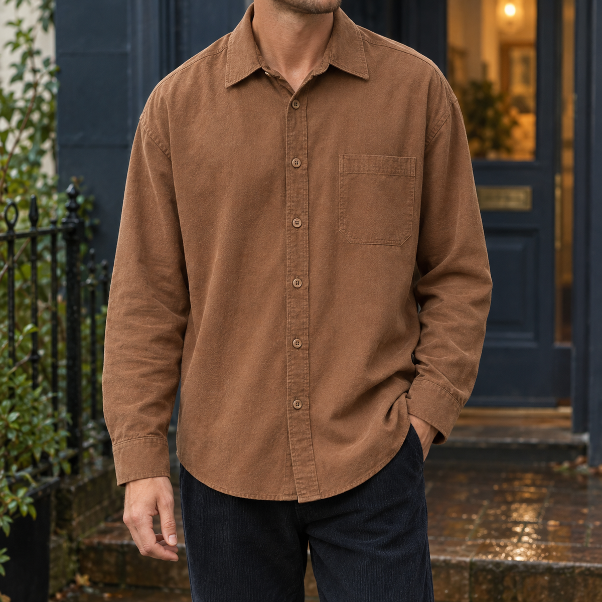 Caramel brown pure cotton pocket shirt for men