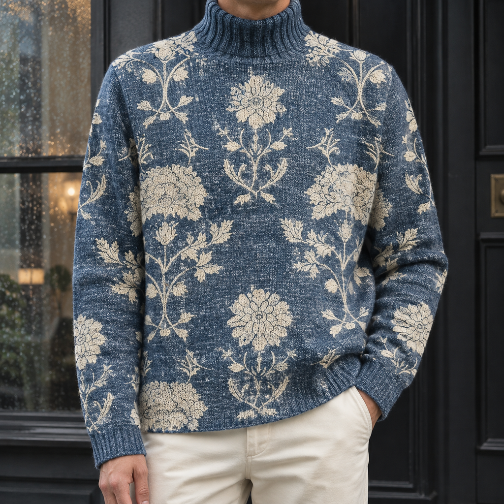 Men's floral print turtleneck knit jumper