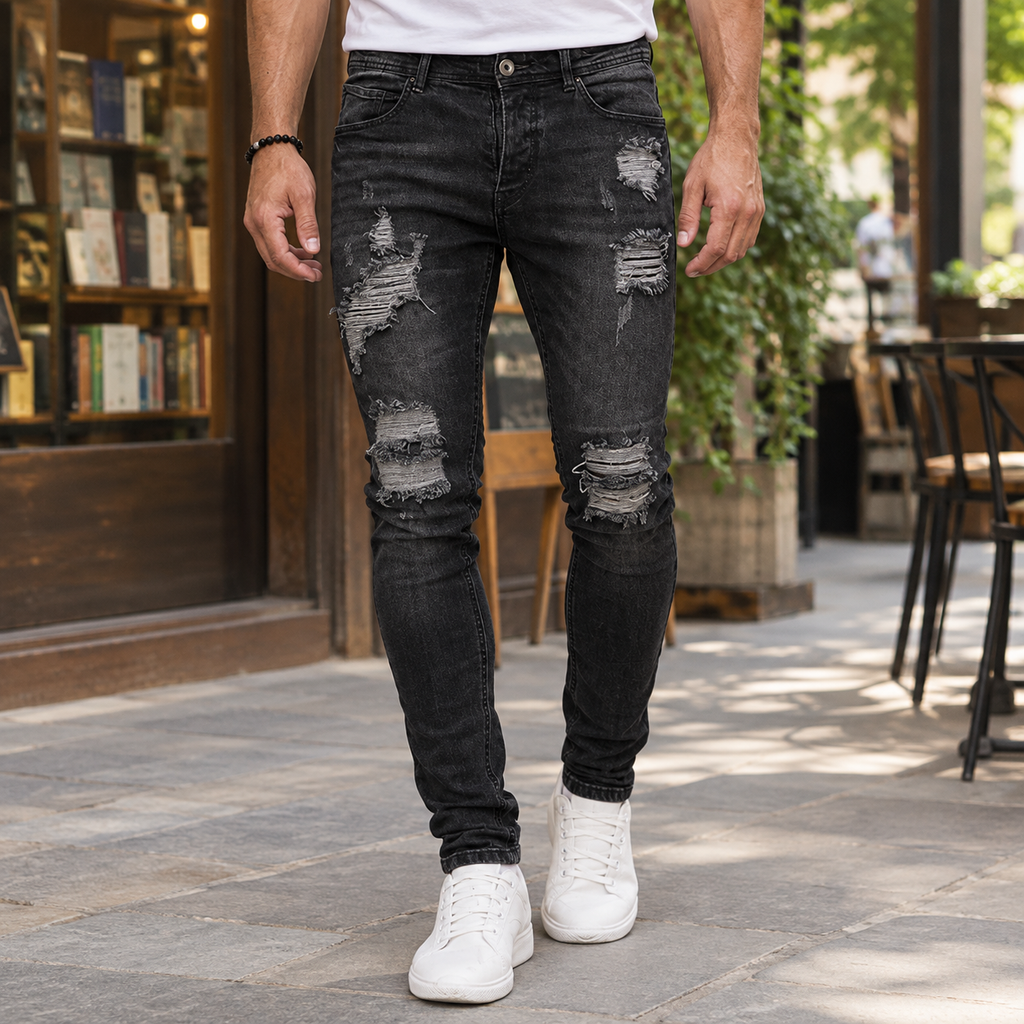 Men's slim fit distressed jeans in black
