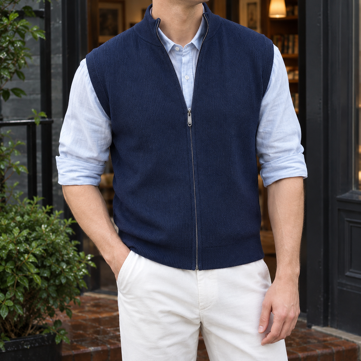 Men's ribbed knit zip vest in black with stand collar