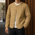Men's khaki quilted collarless jacket with snap front