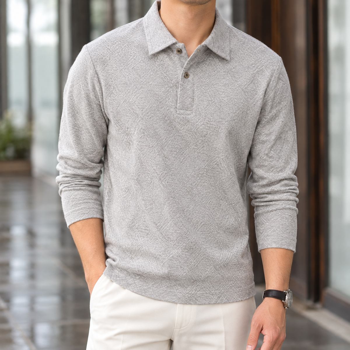 Men's grey long sleeve textured polo shirt