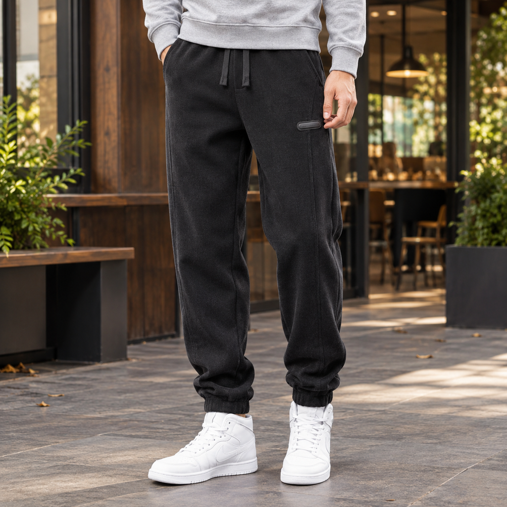 Men's black relaxed jogger bottoms with drawstring waist