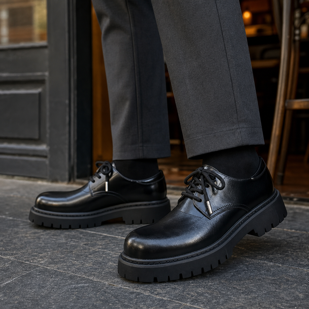 Men's black lug sole leather look derby shoes