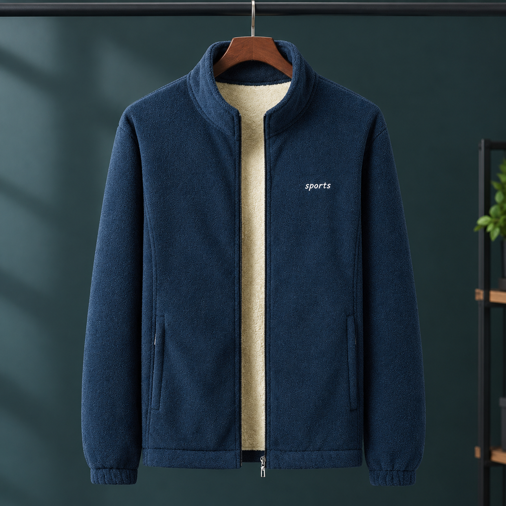 Men's dark blue fleece jacket with full zip and stand collar