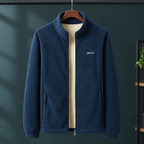 Men's dark blue fleece jacket with full zip and stand collar