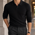 Black ribbed knit long sleeve polo shirt for men