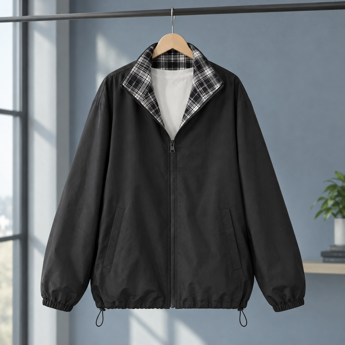 Men's black jacket with checked collar facing