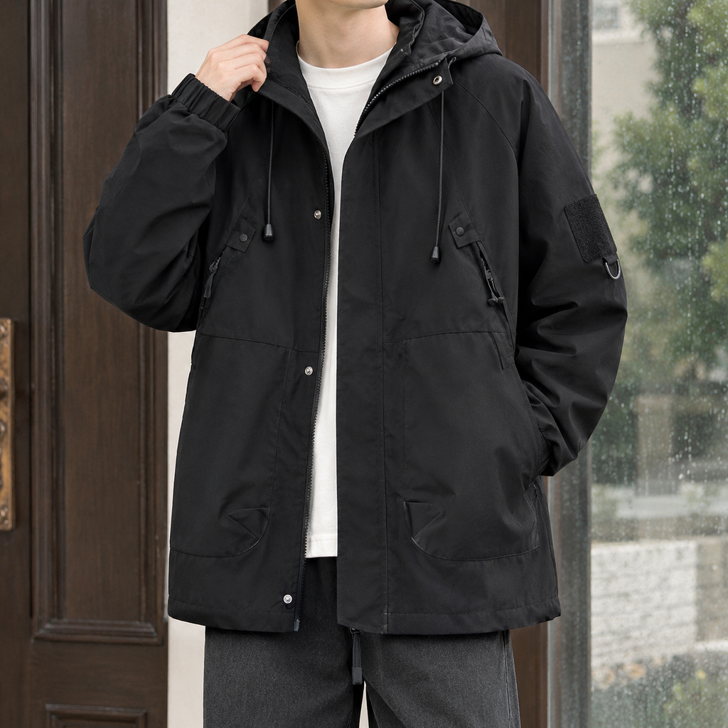 Men's black hooded utility jacket with drawcord hood