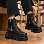 Men's black platform lace-up boots with deep lug tread