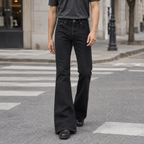 Men's black flared jeans with slim fit upper leg