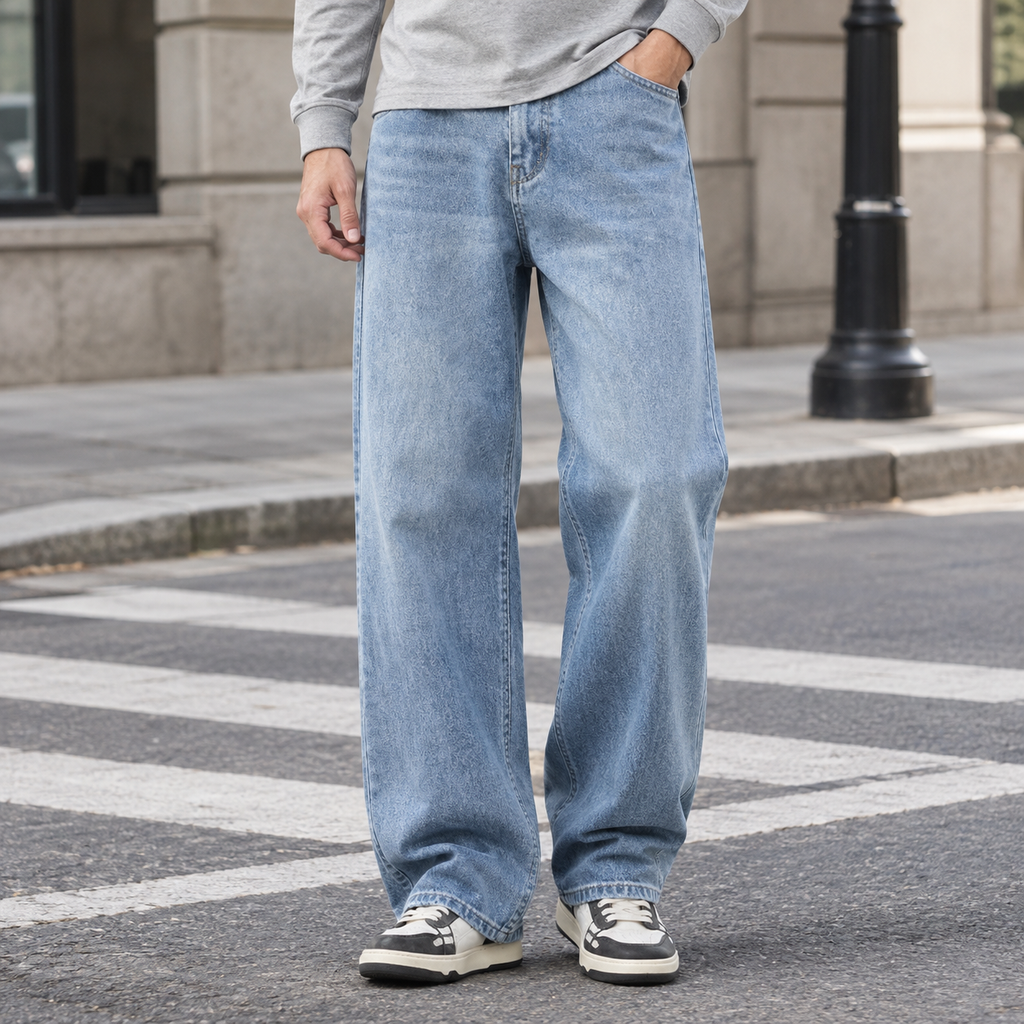 Men's light blue wide leg washed denim jeans