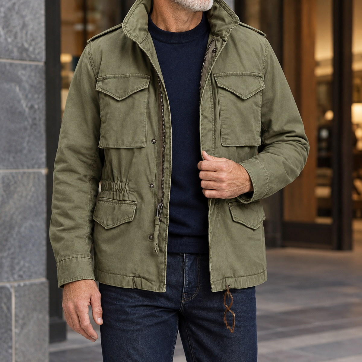 Man wearing an army green utility jacket